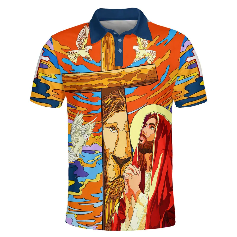 Christianartbag Polo Shirt, Lion Pray With Jesus On The Cross Polo Shirt, Christian Shirts & Shorts.