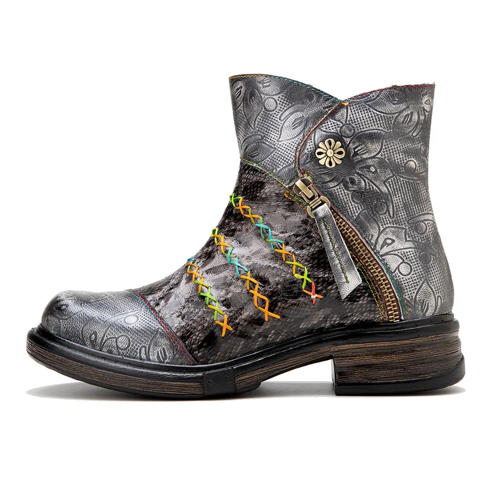 CrazycatZ Womens Ankle Boots Leather Western Boots Colorful Leather Boots Black