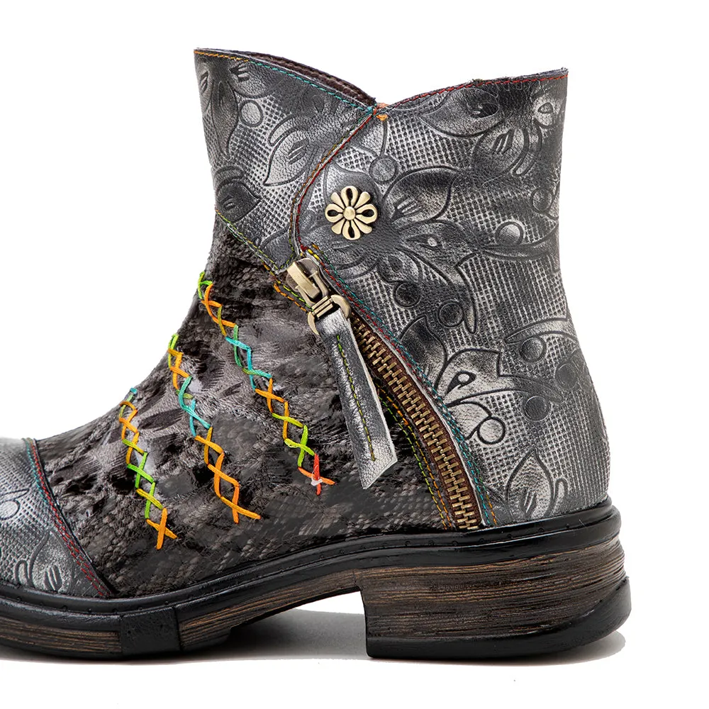 CrazycatZ Womens Ankle Boots Leather Western Boots Colorful Leather Boots Black